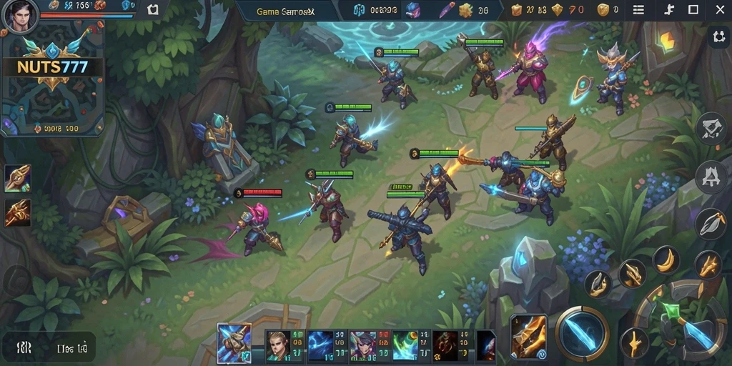 Tampilan gameplay dinamis dari NUTS777 dengan aksi MOBA yang seru.