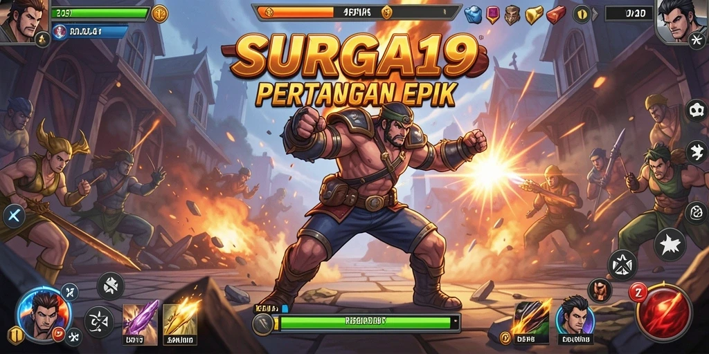 Screenshot SURGA19 menampilkan pertarungan seru dengan karakter dinamis dan efek visual mengesankan.