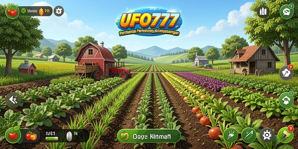 Tangkapan layar gameplay UFO777 menunjukkan kebun yang subur dan hewan ternak.