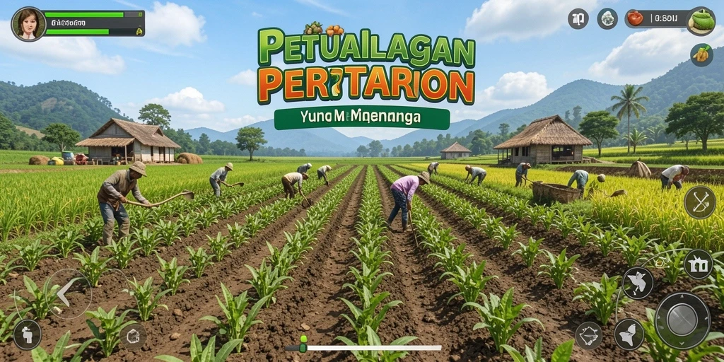 Tampilan gameplay V21 dengan ladang subur dan berbagai tanaman.